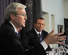 Abbott watches Rudd performing for cameras NOT the people!